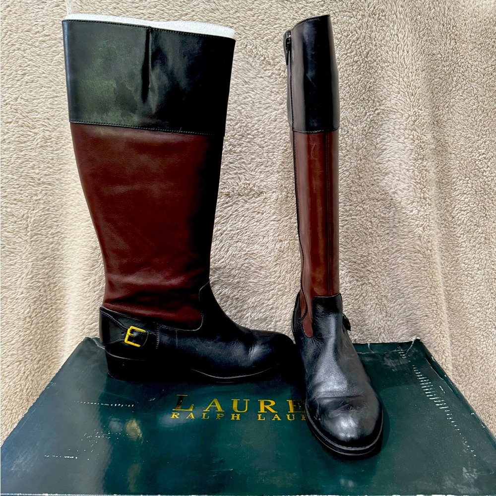 Women's Ralph Lauren Marlena-II-BO-CSL Riding Boots in Black/Dark Brown U.S 8.5